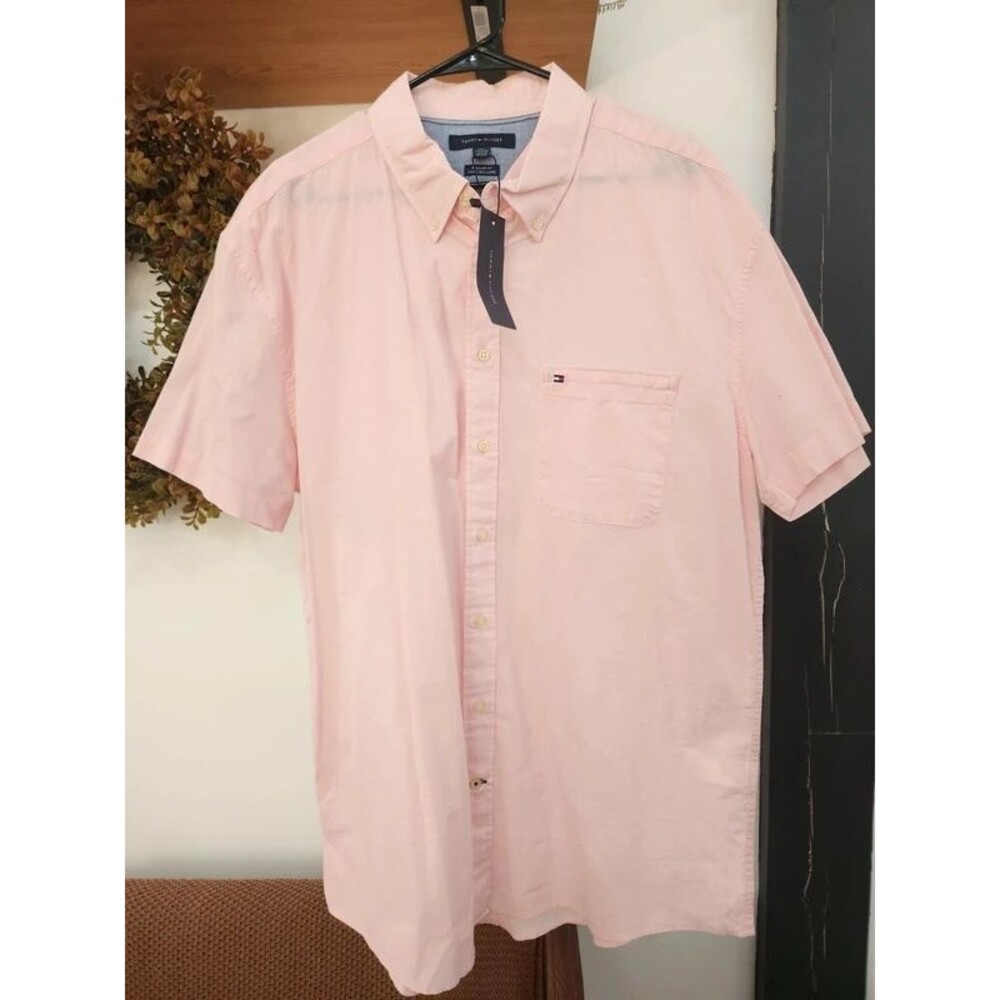 NWT Tommy Hilfiger Pink Oxford Button Down Shirt XXL Regular Fit Short Sleeve